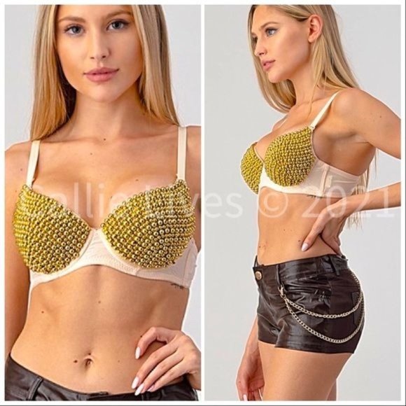 Callie Golden Pearl: Gold Beaded Nude Festival Bra Medium - Picture 9 of 15